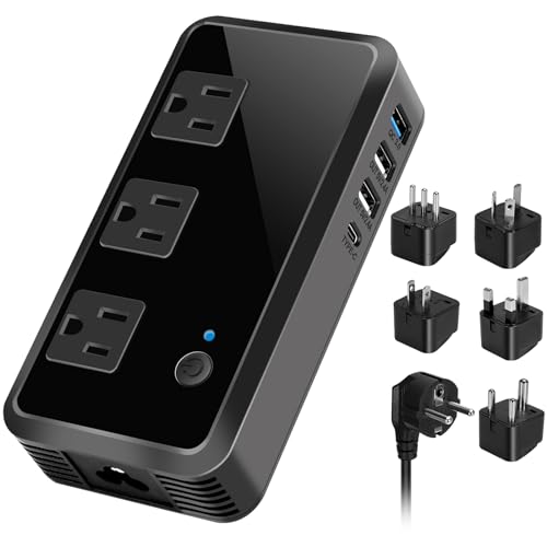 Voltage Converter 2300W Universal Travel Adapter Power Step Down 220V to 110V Converter with 3 USB Ports 3 AC Outlets 1 Type-C Charging for EU/UK/AU/US/IT/India