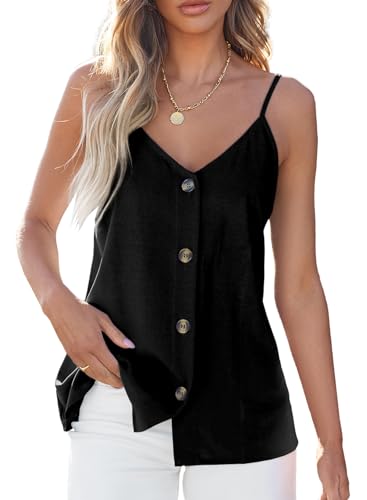 BLENCOT Button Down Tank Tops for Women Casual Summer Tops V Neck Loose Fit Flowy Sleeveless Shirts and Blouses Black L