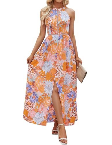 ZESICA Women's 2024 Summer Halter Neck Floral Print Backless Split Beach Party Maxi Dress,Tangerine,Small