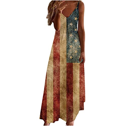 oelaio 2024 Summer Dresses for Women Casual Loose Fit 4th of July Sleeveless Dress Elegant Ladies Patriotic Maxi Dress,Beige,XX-Large