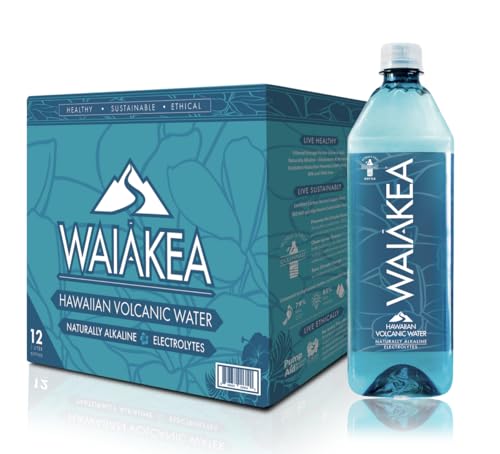 Waiakea Hawaiian Volcanic Water, Naturally Alkaline, 100% Recycled Bottle, 1L (Pack of 12), 33.8 Fl Oz (Pack of 12)