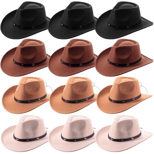 Toulite 12 Pcs Classic Western Cowboy Hat and Bandana Men Felt Cowboy Themed Party Hats Hat Bulk with Brim Cowgirl Hat Women Belt Buckle Panama Hat for Adults Kids Halloween Costume