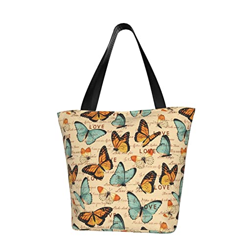 Vintage Romantic Butterfly Tote Bag with Zipper Large Women Casual Shoulder Bag Handbag, Reusable Multipurpose Shopping Bag For Women Girls