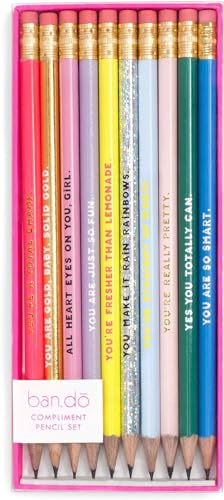 ban.do Write On Colorful Pencil Set of 10, Pre-Sharpened #2 School/Office Graphite Pencils for Adults, Compliment/Sayings Pencils for Girls, Compliments