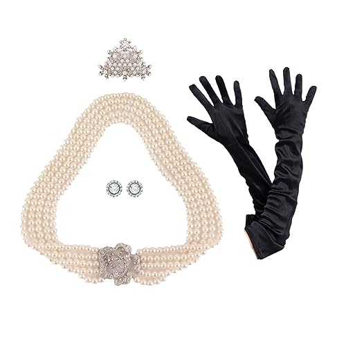Hudiefly 4 Piece Bridal Jewelry Set for Women - A Classic 1950 jewelry for women with Audrey Hepburn Pearl Necklace Audrey Hepburn tiara, Earrings and Black Opera Gloves