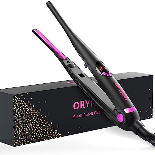 ORYNNE Small Flat Irons for Short Hair, 5s Ultra Fast Heat Up Pencil Flat Iron, Negative Ions Mini Flat Iron for Edges, 3/10'' Travel Mini Hair Straightener with Digital Temp Control, Easy to Use