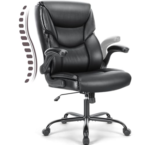 JHK Leather Office Chair with Flip Up Arms, Executive High Back Big and Tall Desk Chairs with Ergonomic Lumbar Support, Adjustable Height,Wheels, Soft Padded, Black
