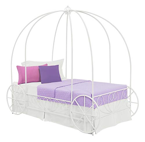 DHP Metal Carriage Bed Frame for Kids, Fairy Tale Design with Headboard and Canopy, Underbed Storage Space for Toys, Twin, White