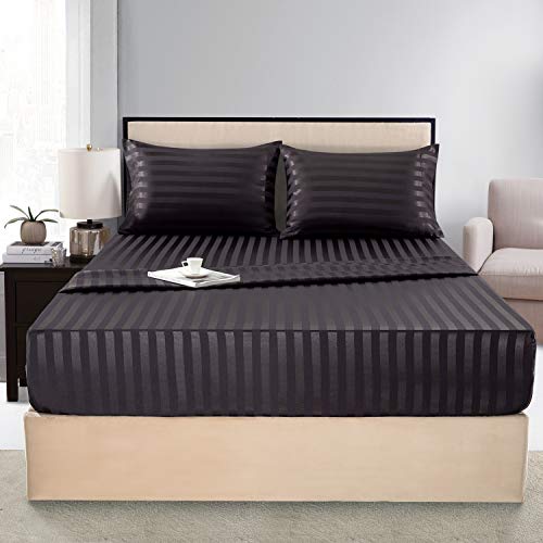 Satin-Silk Sheets Queen Size Bed Set, Black Soft Cooling Deep Pocket Queen Sheets, Hypoallergenic, Wrinkle and Fade Resistant Bedding Set, 4 Piece, Striped