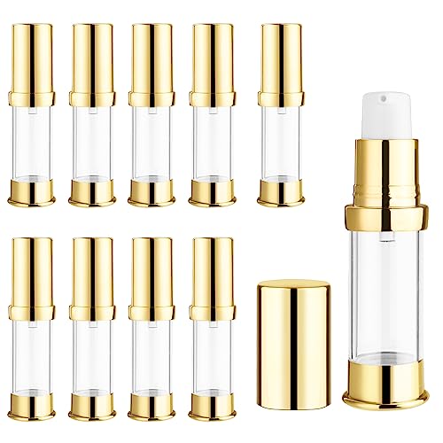 10 Pcs Empty Airless Pump Bottle Travel Cosmetic Cream Pump Bottle Refillable Vacuum Dispenser Pump Containers for Lotion Cream and More (gold-5ml)