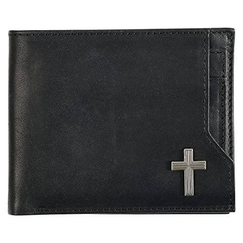 Christian Art Gifts Genuine Premium Full Grain Leather RFID Blocking Silver Engraved Cross Wallet for Men: Multi Pocket Billfold w/Removable ID Window Accessory for Credit Cards, Bills, Photos, Black