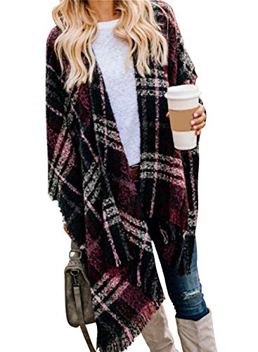 VIMPUNEC Women Boho Buffalo Plaid Poncho Pashmina Shawl Wrap Cape Sweater Knitting Cardigan with Tassel