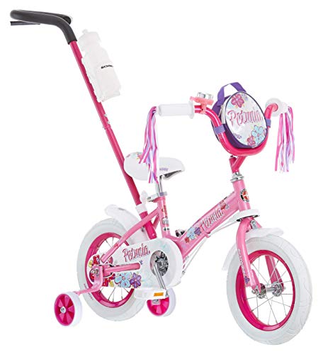 Schwinn Petunia Push Steer and Ride Kids Bike, Girls Beginner Bicycle, 12-Inch Wheels, with Training Wheels, Parent Push Handle, Streamers, Handlebar Bag, Water Bottle and Holder, Pink