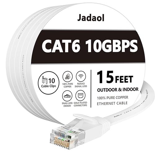 Cat 6 Ethernet Cable 15 ft, Outdoor&Indoor 10Gbps Support Cat7 Network, Flat Internet RJ45 LAN Patch Cords, Solid Cat6 High Speed Computer Wire with Clips for Router, Modem, PS4/5, Xbox, Gaming, White