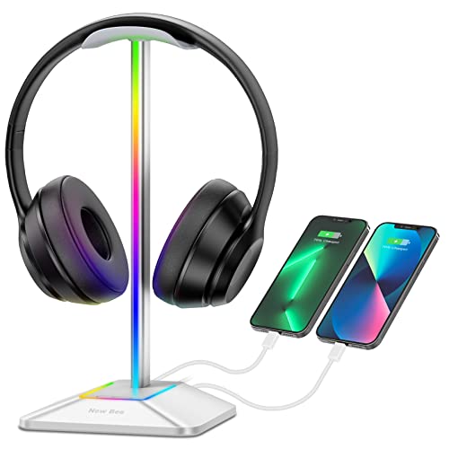 New bee RGB Headphone Stand with 1 USB-C Charging Port and 1 USB Charging Port, Desk Gaming Headset Holder with 7 Light Modes and Non-Slip Rubber Base Suitable for All Earphone Accessories (Silver)