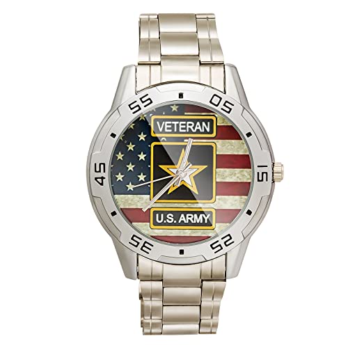 Special Design Military US Army Veteran and American Flag Custom Men's Stainless Steel Analog Watch Sliver Metal Case, Tempered Glass