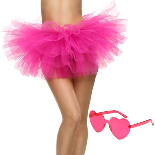 LOHO MAGICA Tutus for Women Tutu Skirt 5 Layered Tutus Tulle Ballet Tutu Skirts for Women & Girls Party Costume Dance Dress, with Heart Sunglasses (Hot Pink)