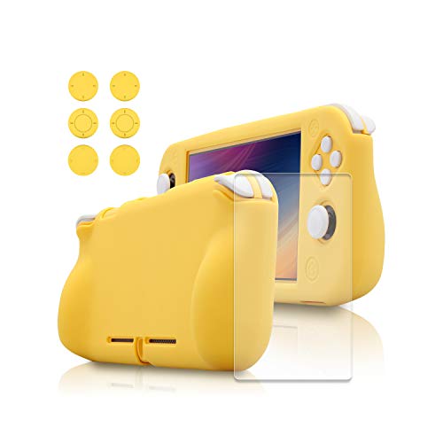 Switch lite Protective Grip Case, Soft Silicone Case for Nintendo Switch Lite with Screen Protector and 6 Switch lite Thumb Grips - Yellow