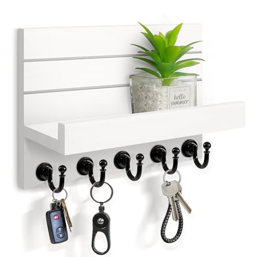 HONJIN Key Holder for Wall: Easy Installation Mail Organizer Wall Mount Hanging Key Rack for Kitchen and Entryway Decor with 5 Sturdy Key Hooks (White)