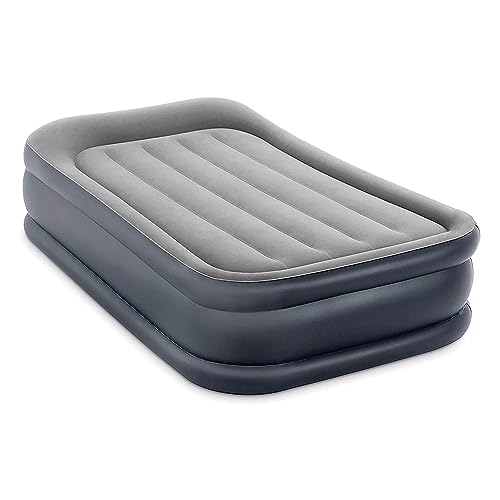 Intex 64131ED Dura-Beam Plus Deluxe Pillow Rest Air Mattress: Fiber-Tech – Twin Size – Built-in Electric Pump – 16.5in Bed Height – 300lb Weight Capacity