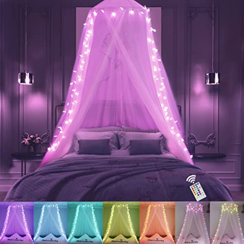 Obrecis Pink Bed Canopy for Girls, Bedroom Decor Princess Canopy Bed Curtain with Lights, 100LED Star Fairy String Lights Hanging Dome Bed Tent with Remote for Twin to King Size Bed