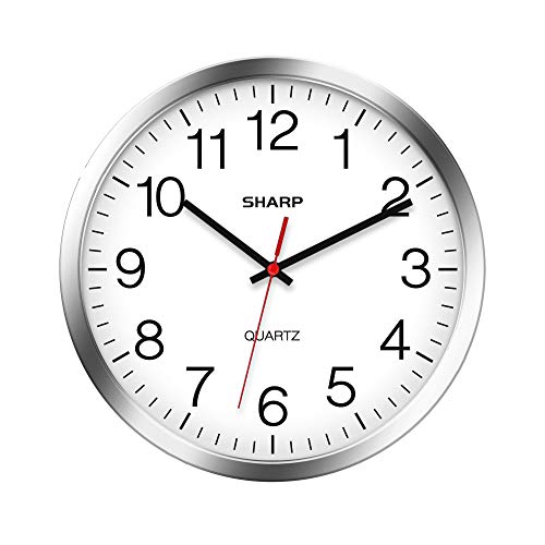 Sharp Wall Clock – Silver/Chrome, Silent Non Ticking 12 Inch Quality Quartz Battery Operated Round Easy to Read Home/Kitchen/Office/Classroom/School Clocks, Sweep Movement