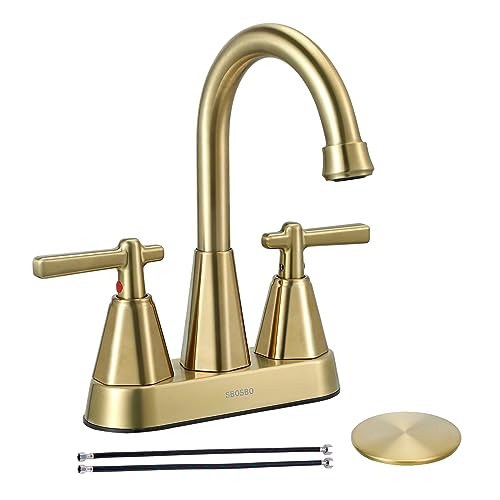 Bathroom Sink Faucet, SBOSBO 4 Inch Bathroom Faucet for Sink 3 Hole, 2 Handle Sink Faucet with Pop Up Drain Assembly and 2 Water Supply Hoses for RV Bathroom Vanity (Brushed Gold)