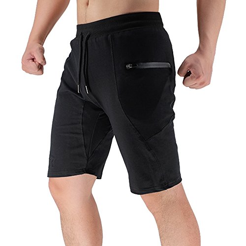 BROKIG Men's Sidelock Gym Workout Running Sport Shorts with Zipper Pockets (Large, Black)
