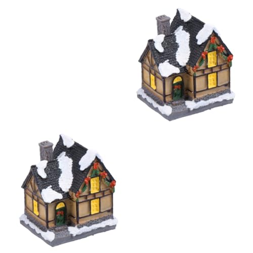 Abaodam 2 Pcs Christmas Adornment Desktop Ornament Luminous Tabletop Decor Resin Village House Fairy Garden Decor Christmas Cabin Figurine Snow Village Houses Stocking Child European Style