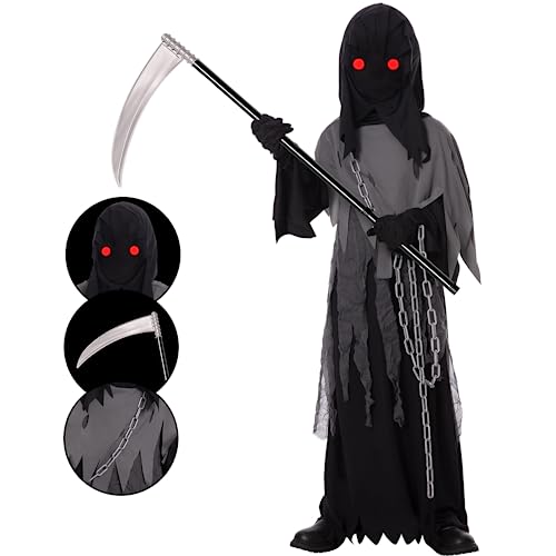 Lomesion Grim Reaper Costume for Kids,Phantom Halloween Costume with Red Glowing Eyes,Skull Gloves Scythe included, Gray-black, Medium (8-10yr)