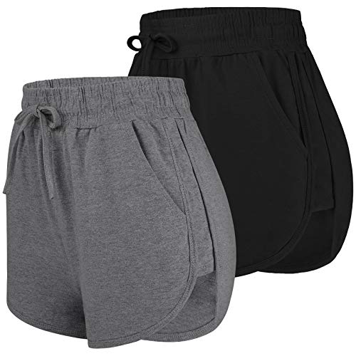 URATOT 2 Pack XXL Cotton Yoga Short Women Summer Running Gym Sports Waistband Shorts with Pockets, Black, Dark Grey