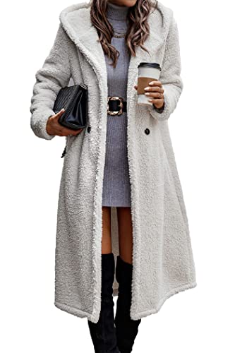PRETTYGARDEN Women's Fashion Winter Coats Fuzzy Fleece Long Hooded Jackets Button Down Faux Fur Warm Outerwear (Beige White,Small)