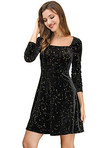 Allegra K Women's Christmas Stars Square Neck Vintage Velvet Mini Dress Small Black