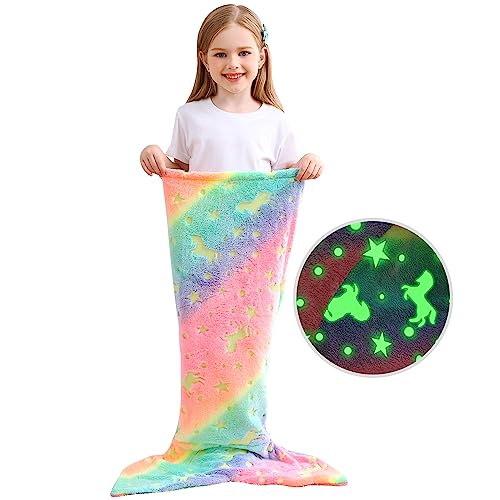 Kids Mermaid Tail Blanket, Glow in The Dark Blanket Unicorn and Mermaid Gifts for Girls, Soft Flannel Fleece Toddler Mermaid Blanket with Rainbow Ombre Fish Scale Design - 17' x 39'