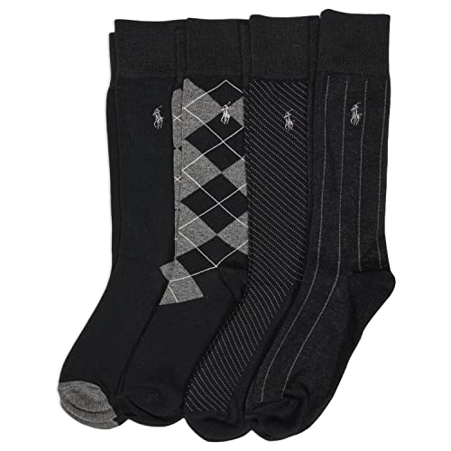 POLO RALPH LAUREN Men's Assorted Pattern Dress Crew Socks 4 Pair Pack - Soft and Lightweight Cotton Comfort, Black, 6-12.5
