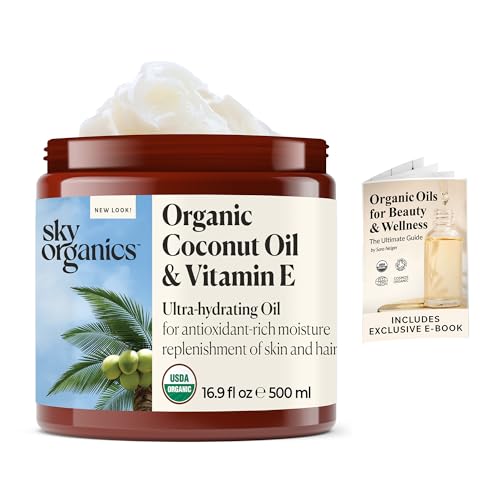Sky Organics Organic Coconut Oil + Vitamin E for Skin & Hair USDA Certified Organic to Moisturize, Soften & Smooth, 16.9 fl. Oz