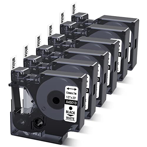 6-Pack Compatible Dymo D1 Label Tape 45013 1/2 Inch x 23Ft Replace DYMO Label Maker Refills d1 a45013 S0720530, Black on White, for Dymo LabelManager 160 280 210D 360D 420P PnP