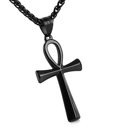 HZMAN Men's Black Stainless Steel Coptic Ankh Cross Religious Pendant Necklace, 22+2' Wheat Chain (Black)