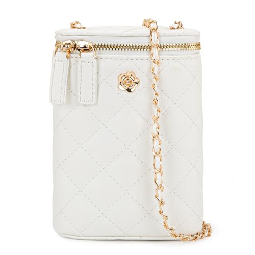 Montana West Cell Phone Purse for Women Classic Phone Holder with Chain Quilted Caviar Crossbody Cellphone Wallet Bag with Double Zipper MWC-221WT
