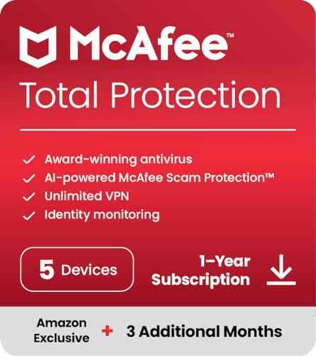 McAfee Total Protection 2024 Ready | 5 Devices | 15 Month Subscription | Cybersecurity software includes Antivirus, Secure VPN, Password Manager, Dark Web Monitoring | Amazon Exclusive | Download