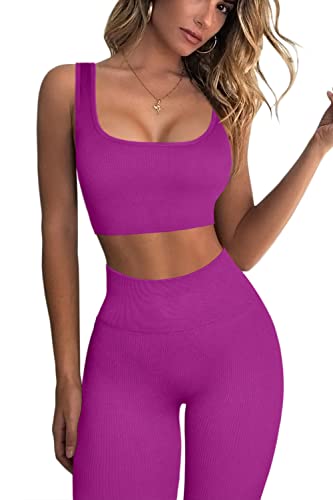 QINSEN Workout Sets for Women 2 Piece Ribbed Sport Bra Seamless High Waist Leggings Fitted GMY Yoga Outfits Raspberry Sherbet S