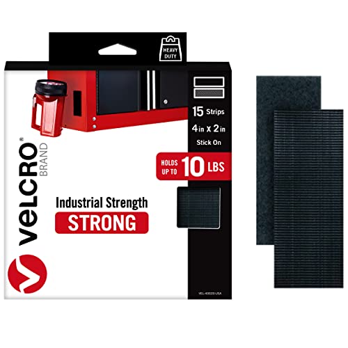VELCRO Brand Heavy Duty Strips with Adhesive | 15 Sets Industrial Strength Mounting Tape | 4x2 Inch Wide Fasteners | Holds 10 lbs | Indoor or Outdoor Use, Black (VEL40020-USA)