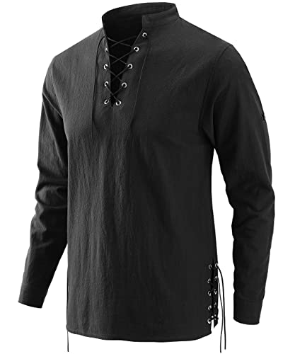 Bbalizko Mens Pirate Shirts Renaissance Viking Steampunk Medieval Lace up Long Sleeve Gothic Celtic Hippie Victorian Costume Black