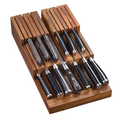 Acacomft In-Drawer Knife Block, Acacia Wood Kitchen Knife Drawer Organizer, Knife Holder without Knives For Up to 12 Knives Steak Knife Chef Knife