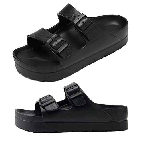Women's Black Platform Sandals, Adjustable Double Buckle EVA Slides, Comfort Slippers with Arch Support, Casual Fashion Sandal