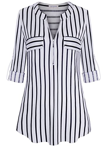 Bulotus Plus Size Tunic Tops to Wear with Leggings, Blouses for Women Fashion 2022 Womens 3/4 Sleeve Tops and Blouses Business Casual Tops V Neck Zipper Summer Fall Shirts, Stripe, XXX-Large