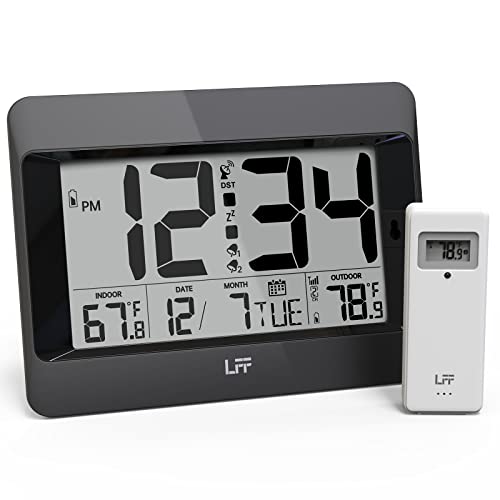 LFF Atomic Clock, Digital Wall Clock Battery Operated, Desk Alarm Clock with Indoor Outdoor Temperature Date Large Display, Wireless Outdoor Sensor Clock for Bedroom Living Room Office, Auto DST