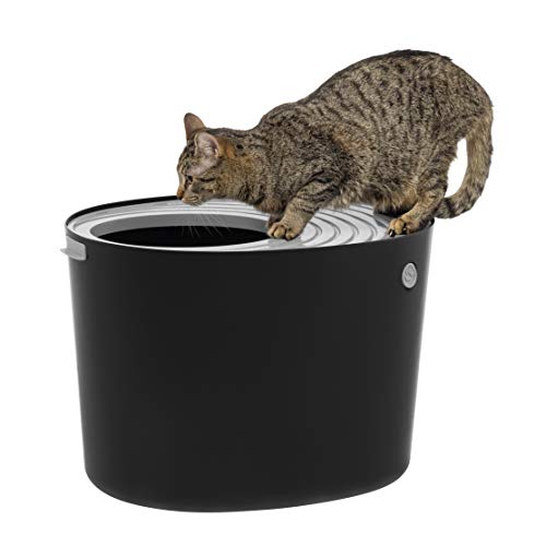 IRIS USA Large Stylish Round Top Entry Cat Litter Box with Scoop, Curved Kitty Litter Pan with Litter Particle Catching Grooved Cover and Privacy Walls, Black/Gray