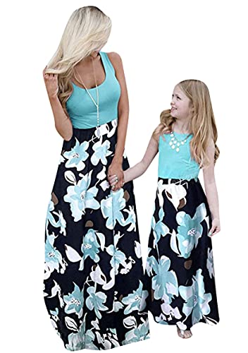 FLITAY Mommy and Me Maxi Summer Dresses Floral Print Spaghetti Strap Casual Sundress Sleeveless Matching Outfits Green Flower XL