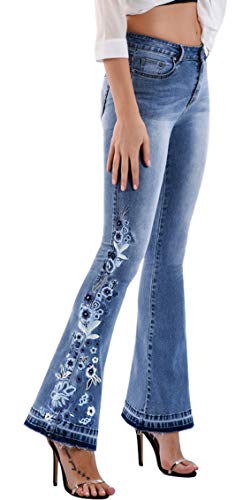CHARTOU Womens Chic Floral Embroidered High-Rise Bell Bottom Flare Jeans Broad Feet Long Denim Pants (Blue5, Medium)
